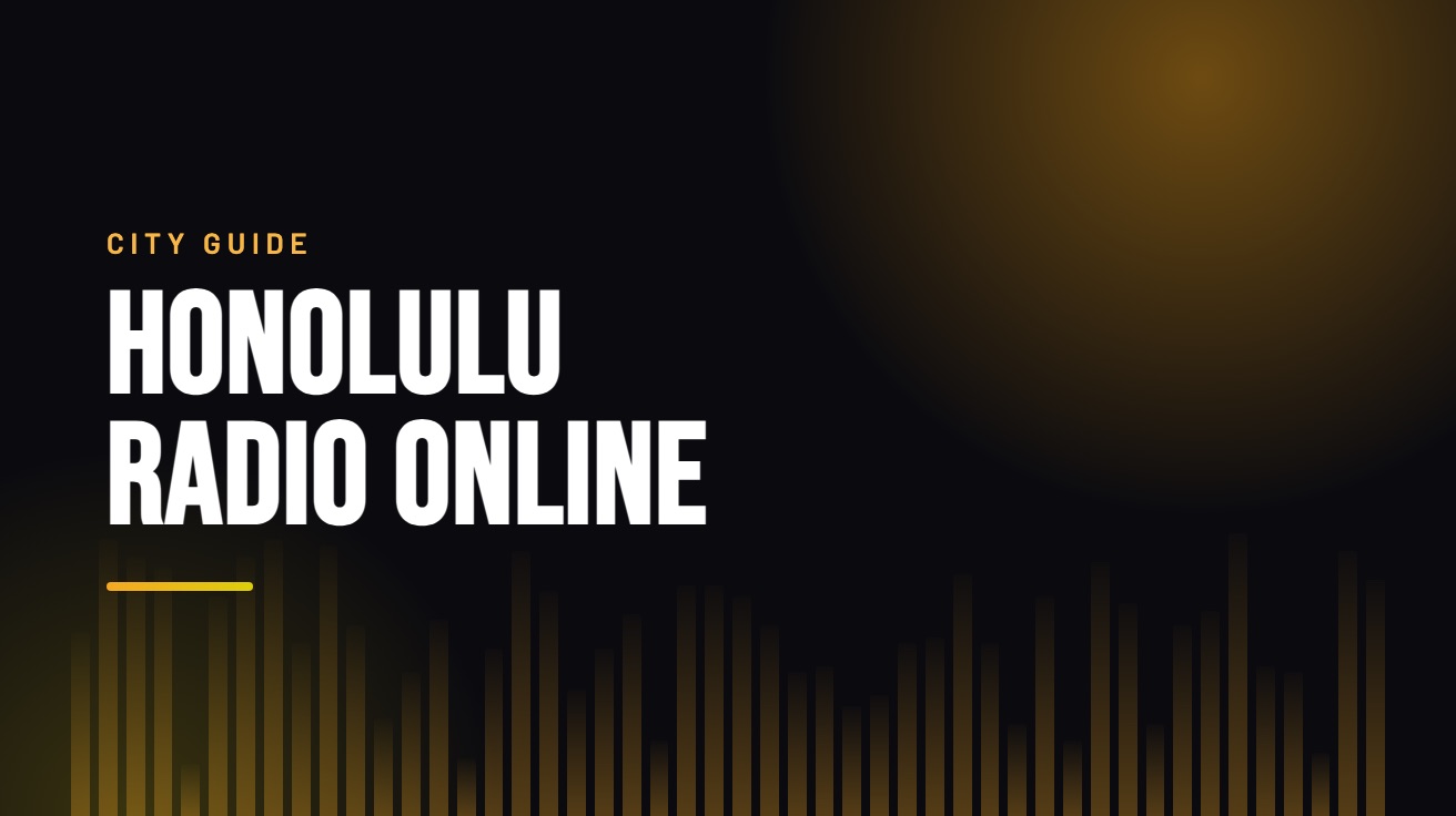 Title card for the guide: Honolulu Radio Online, in amber on black with an equaliser motif