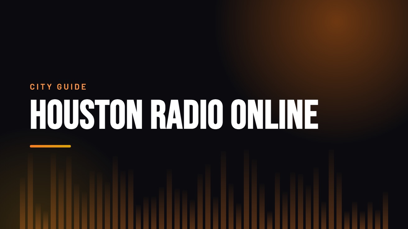 Title card for the guide: Houston Radio Online, in amber on black with an equaliser motif