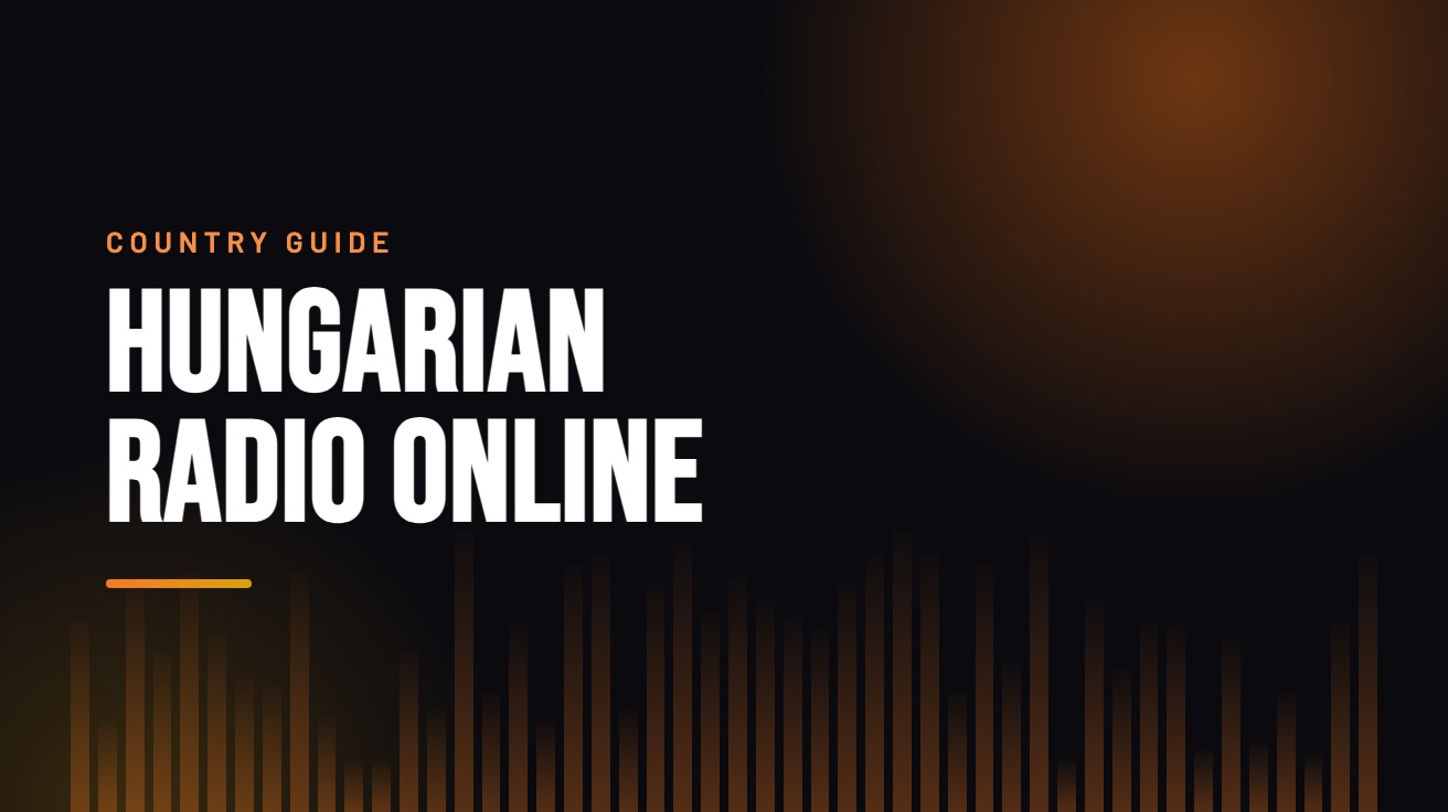 Title card for the guide: Hungarian Radio Online, in amber on black with an equaliser motif