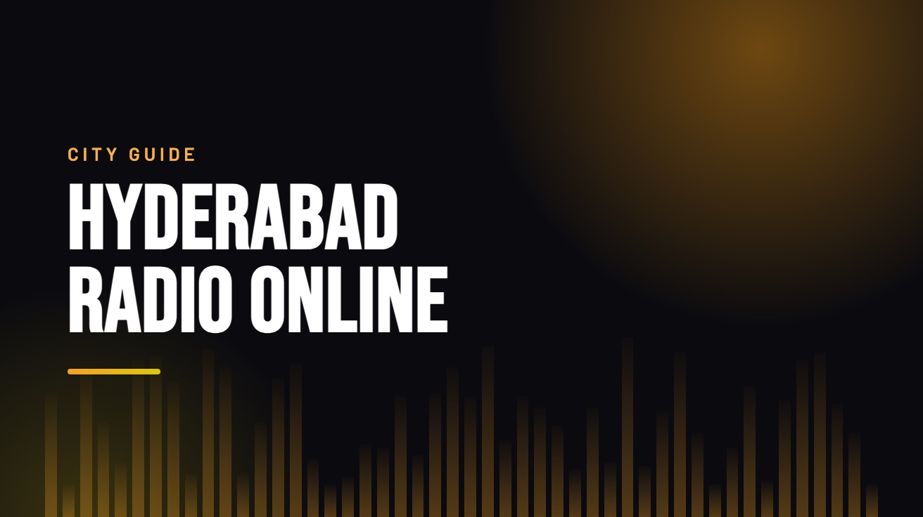Title card for the guide: Hyderabad Radio Online, in amber on black with an equaliser motif