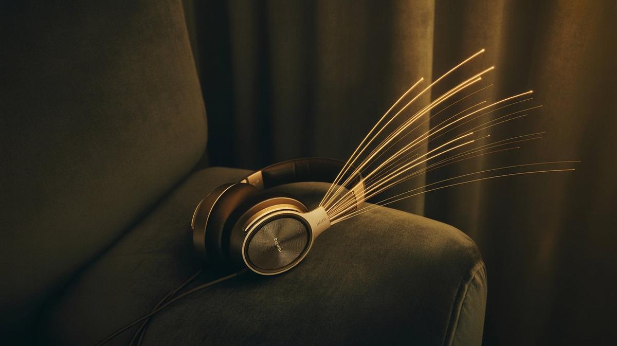 Premium headphones on dark velvet with golden rim light