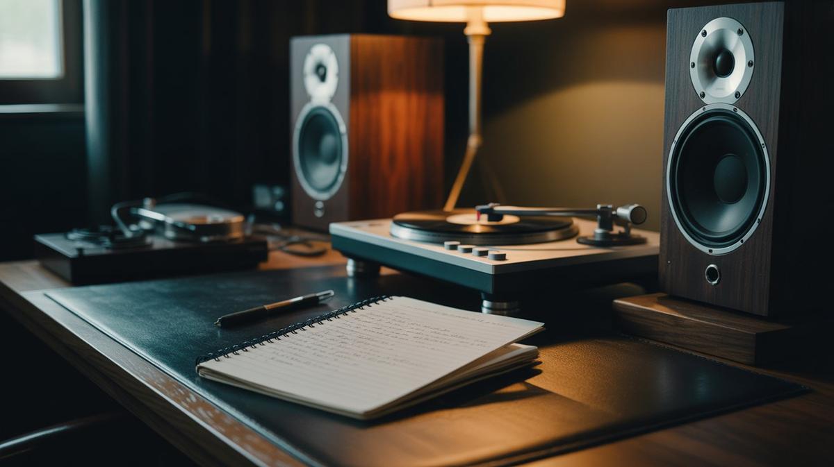 Curator's listening desk with turntable, notes and monitors