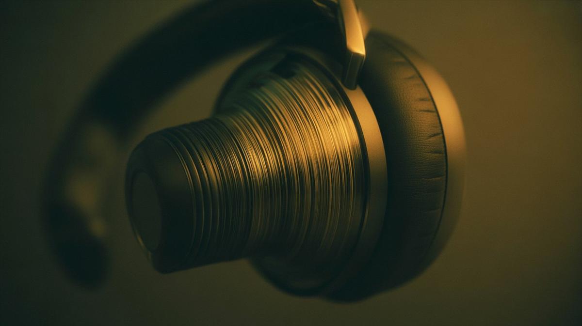 Macro of a headphone ear cup with fine golden soundwaves