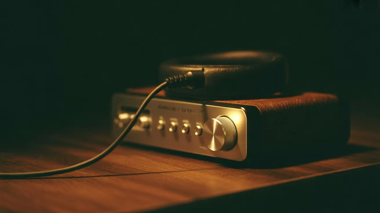 Headphone cable plugged into a desktop amplifier, glowing dial