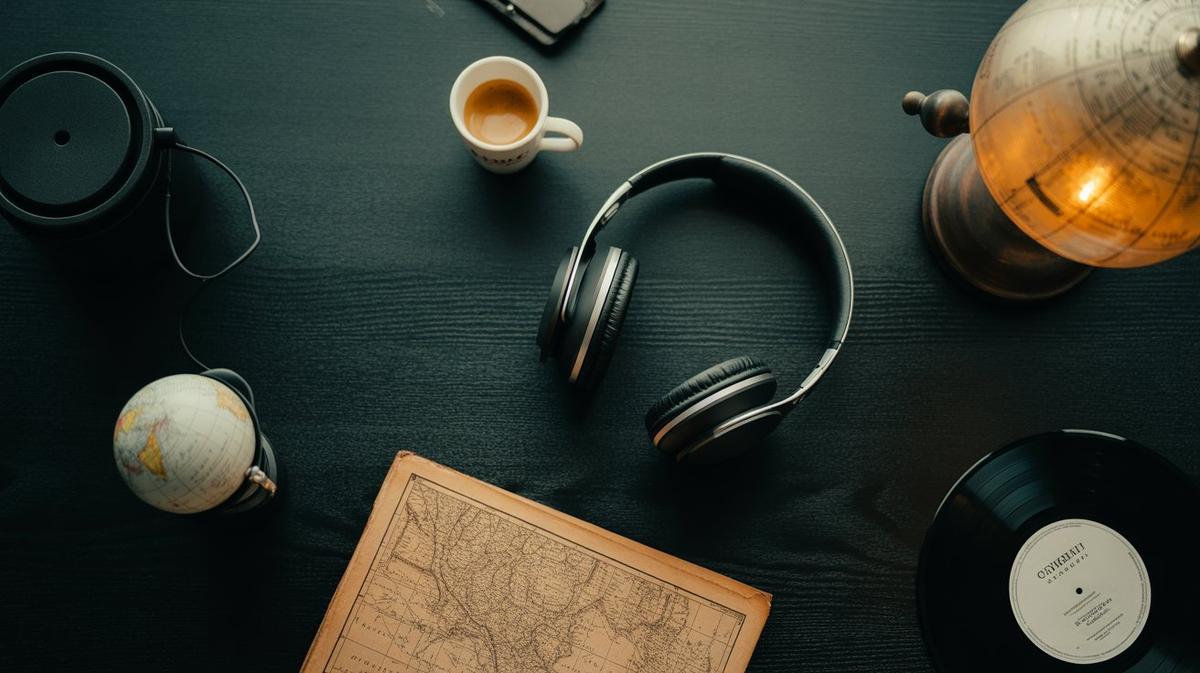 Flat-lay of headphones, espresso, map, vinyl and globe