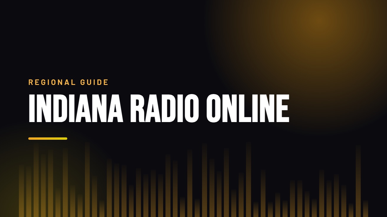 Title card for the guide: Indiana Radio Online, in amber on black with an equaliser motif