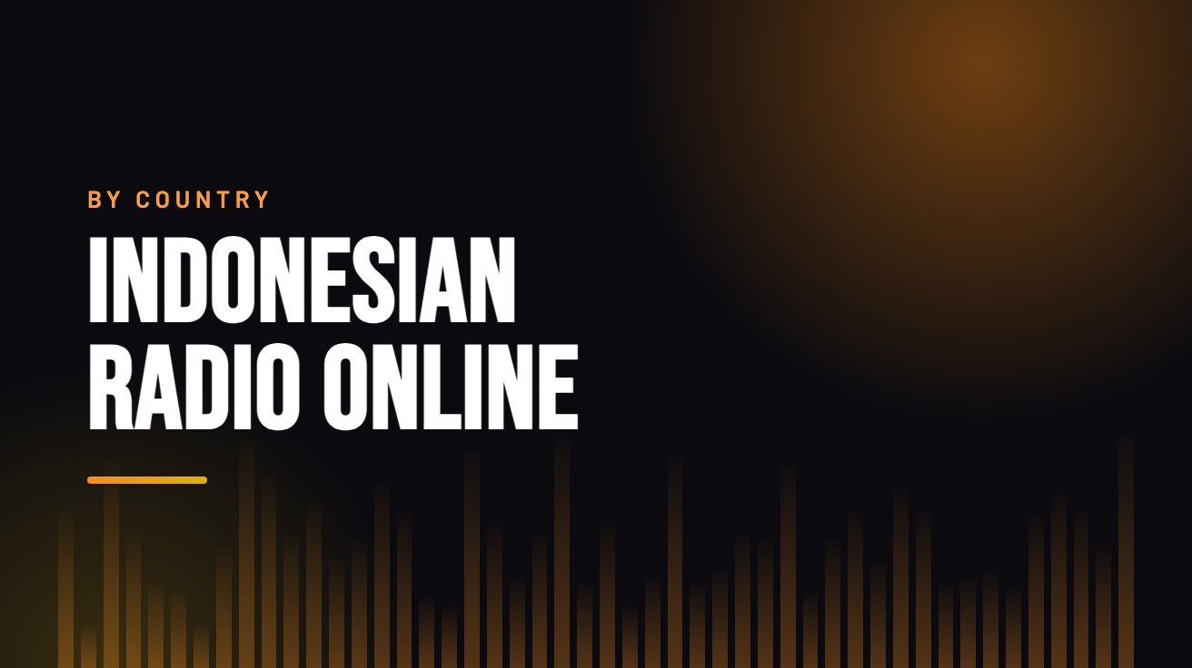Title card for the guide: Indonesian Radio Online, in amber on black with an equaliser motif
