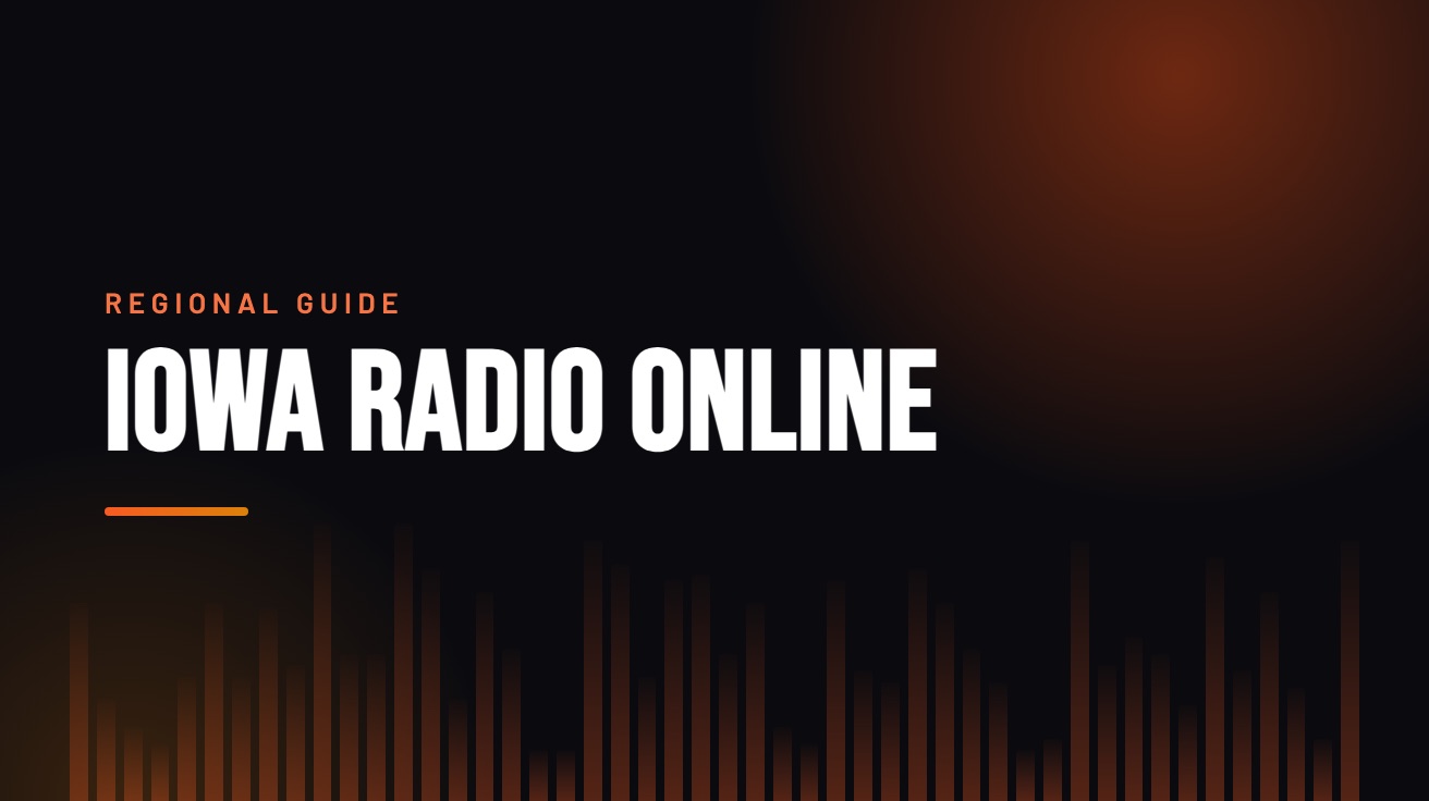 Title card for the guide: Iowa Radio Online, in amber on black with an equaliser motif