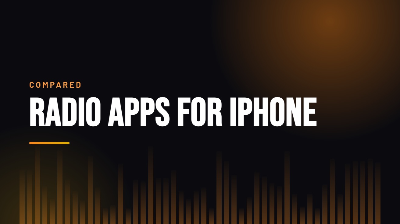 Title card for the guide: Best Radio Apps for iPhone and iPad in 2026, in amber on black with an equaliser motif