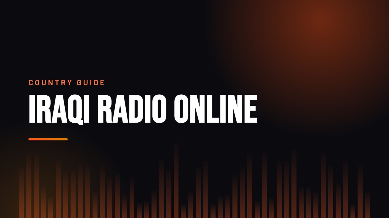 Title card for the guide: Iraqi Radio Online, in amber on black with an equaliser motif