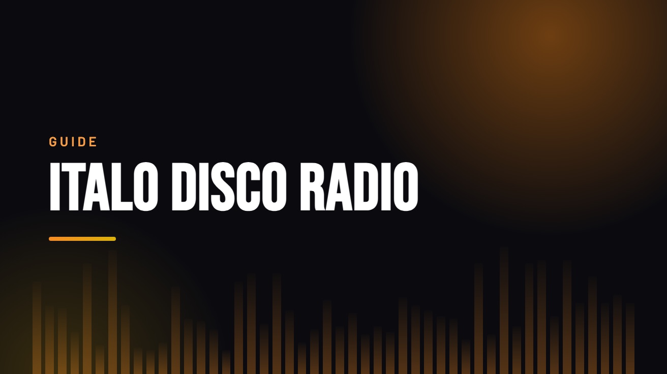 Title card for the guide: Italo Disco Radio, in amber on black with an equaliser motif