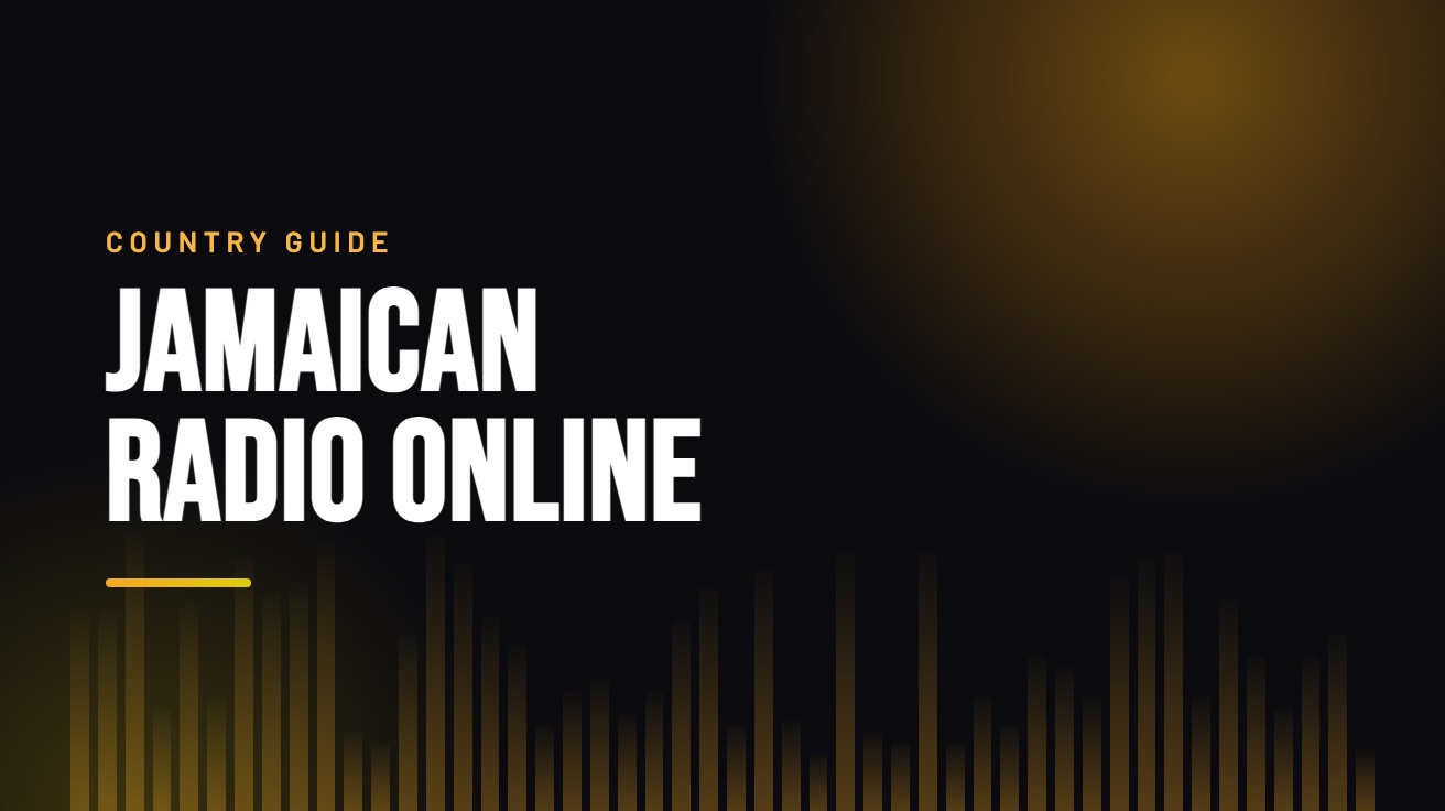 Title card for the guide: Jamaican Radio Online, in amber on black with an equaliser motif