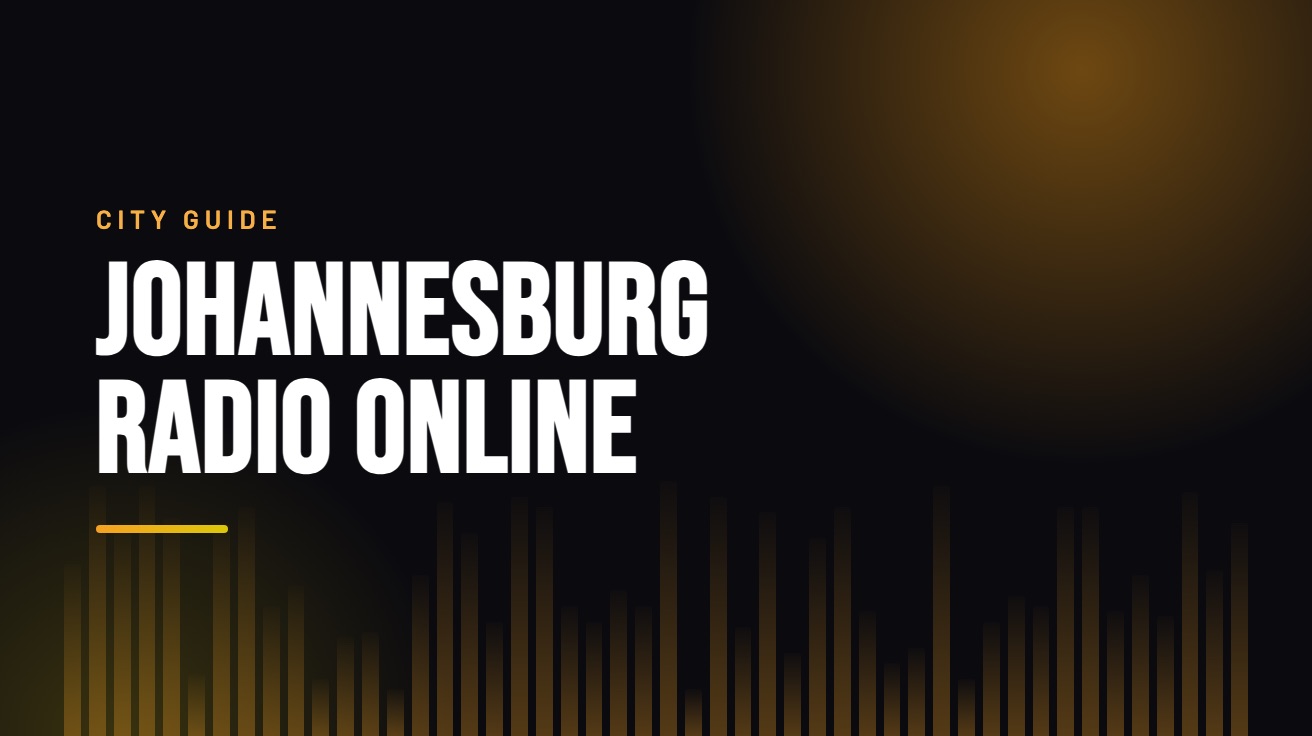 Title card for the guide: Johannesburg Radio Online, in amber on black with an equaliser motif