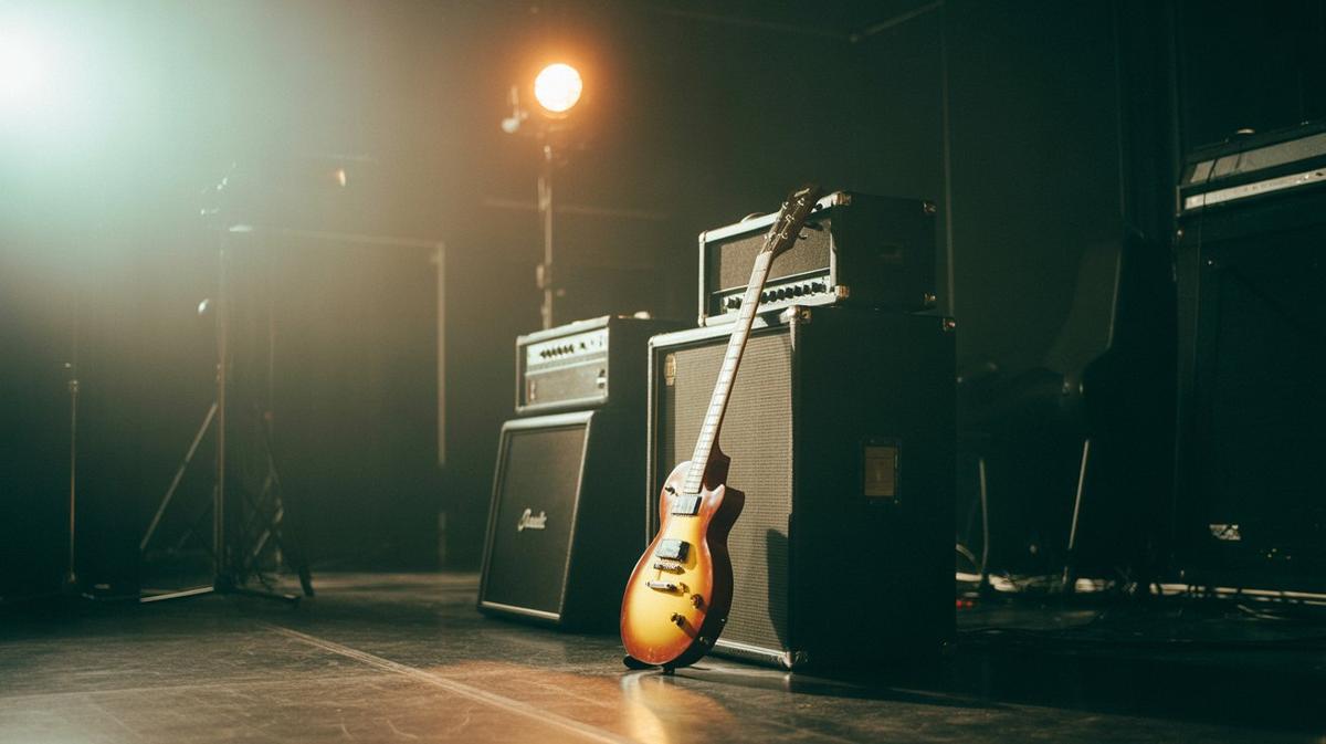 Electric guitar against amplifiers on a dark stage