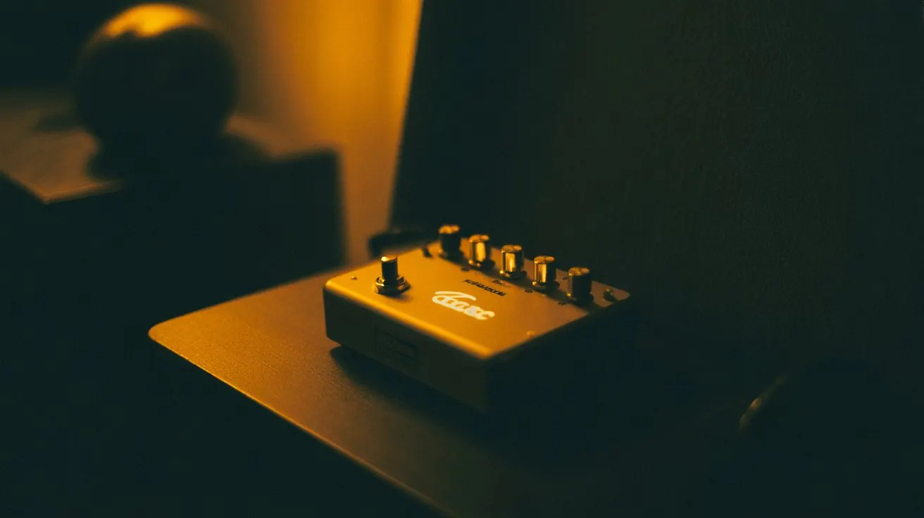 Guitar pedalboard glowing warm