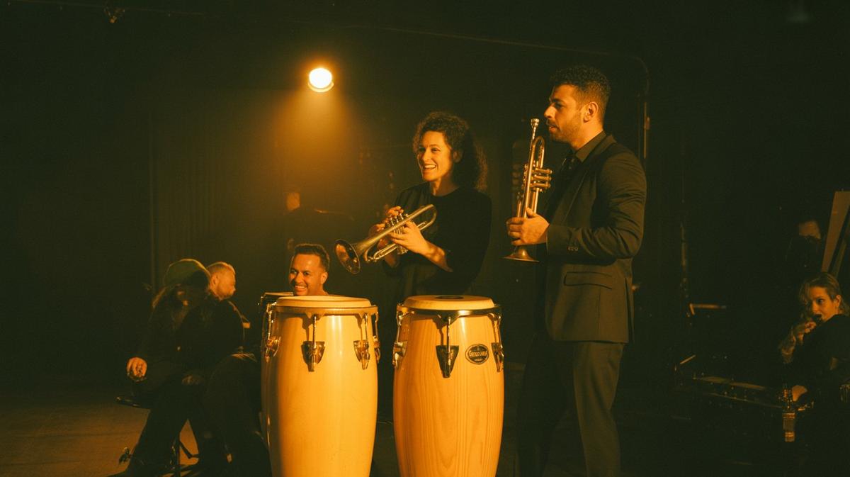 Congas and trumpet under warm golden stage light