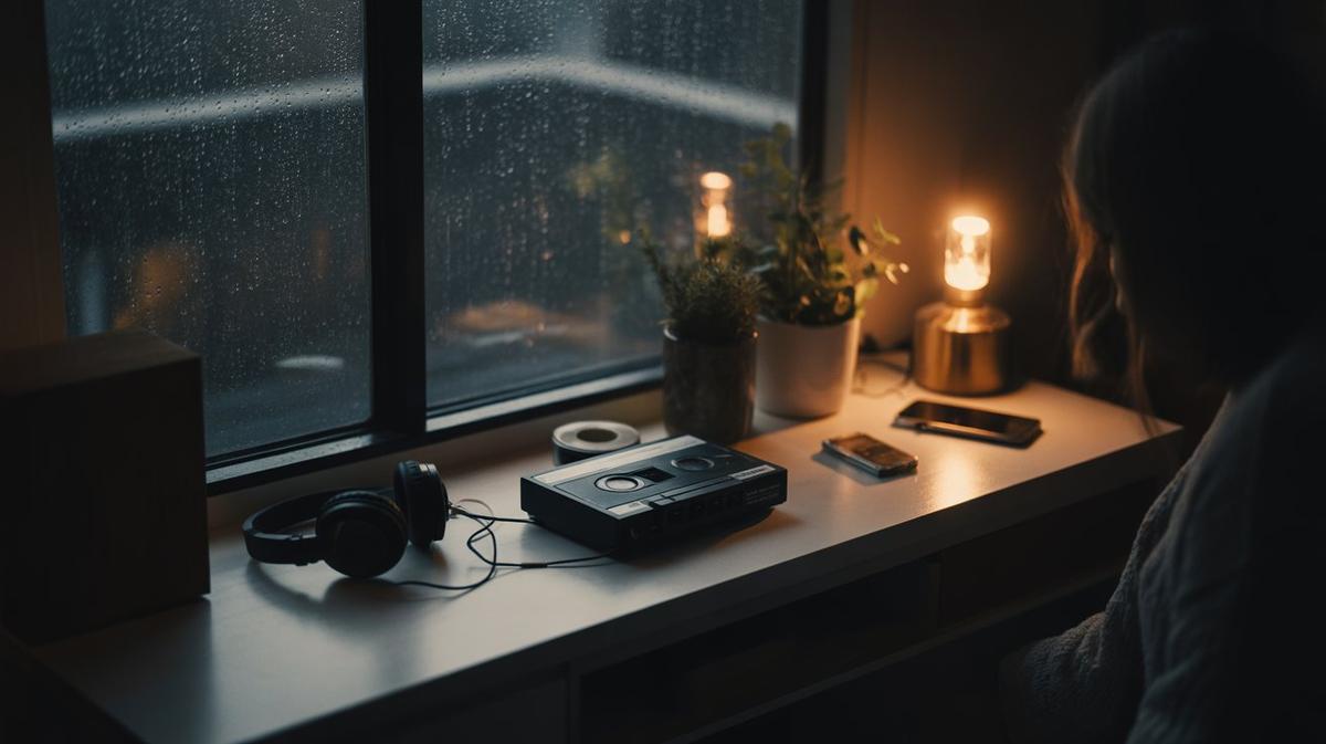 Cosy lo-fi desk with cassette player and rain outside