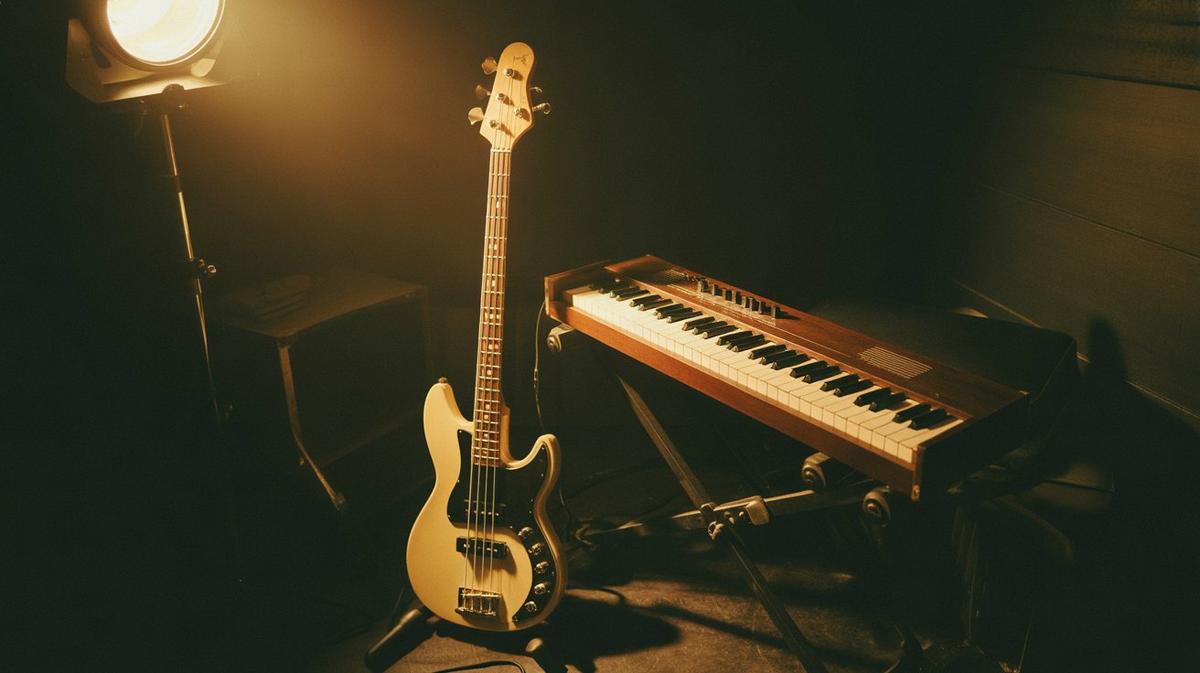 Bass guitar and clavinet under warm stage light