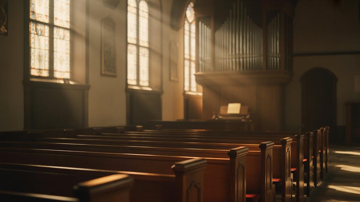 Church interior glowing warm through stained glass
