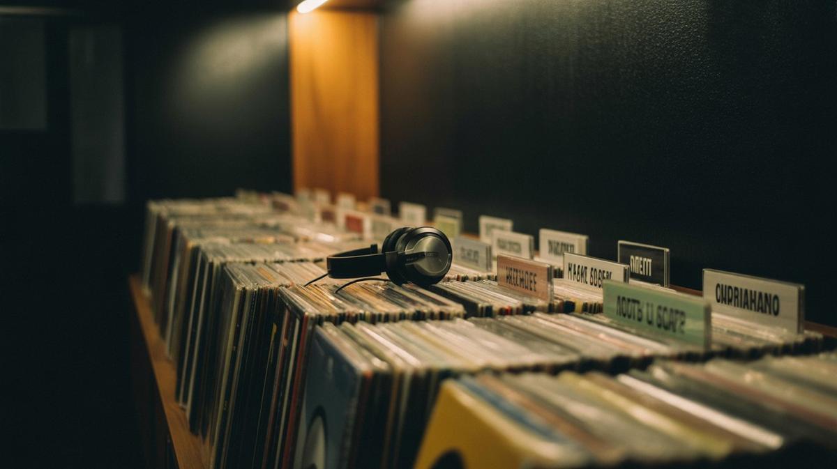 Record-shop listening booth in warm light