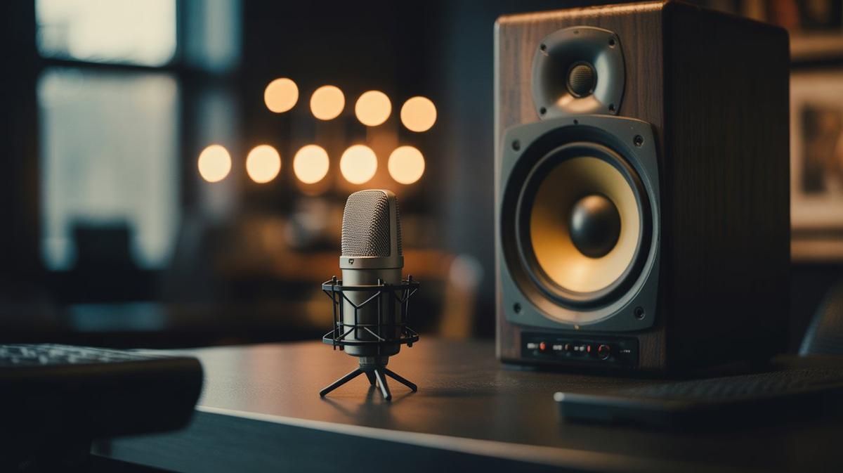 Broadcast microphone and studio monitor in warm light