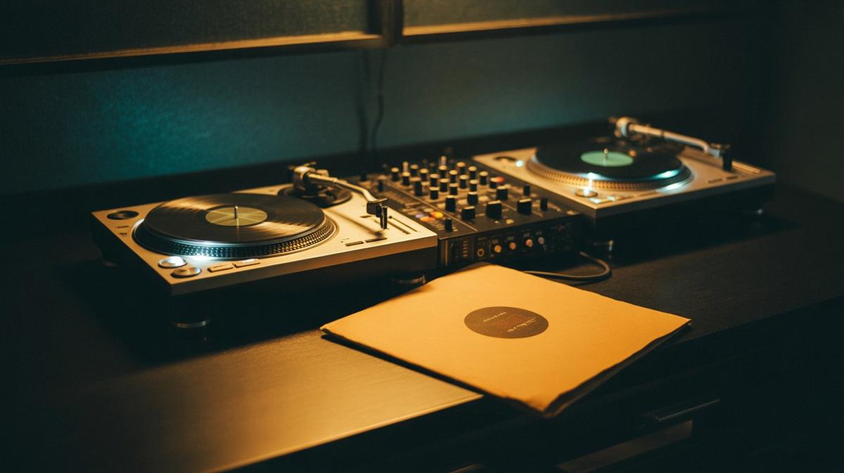 Turntables and mixer glowing amber in the dark