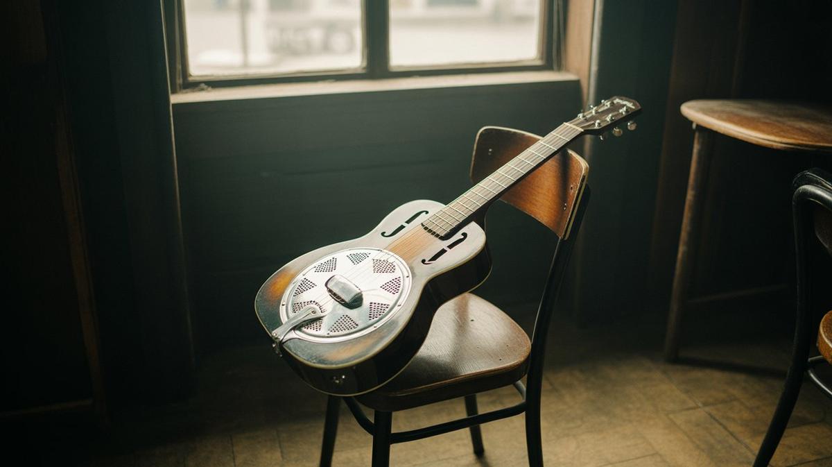 Resonator guitar on a chair in a dim warm bar