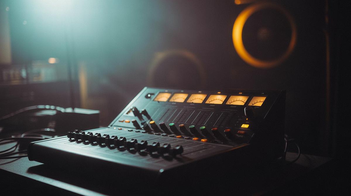 Dub mixing console glowing in a dark studio