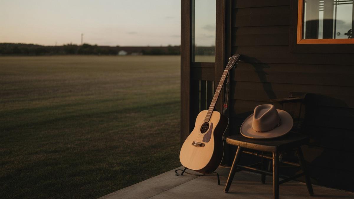 Acoustic guitar and hat on a porch at golden hour