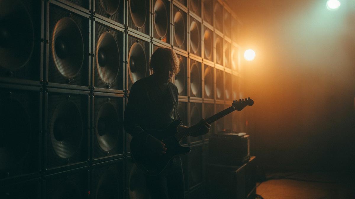 Wall of speaker cabinets backlit warm on a dark stage