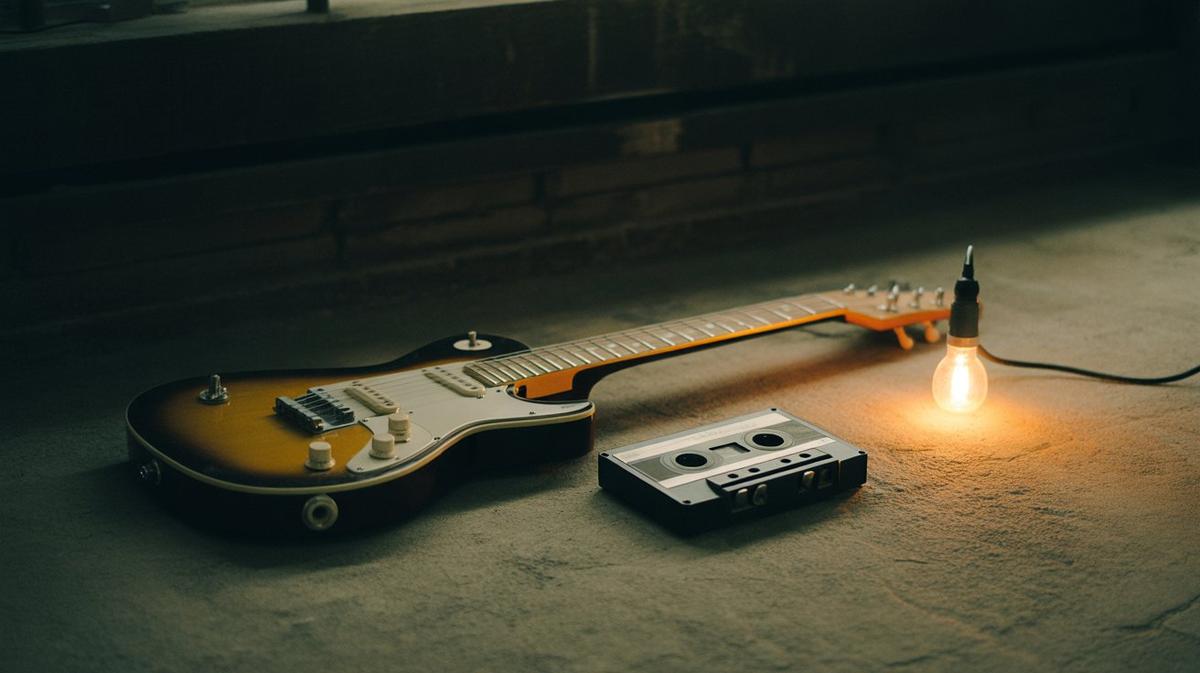 Battered guitar and cassette deck under a warm bulb