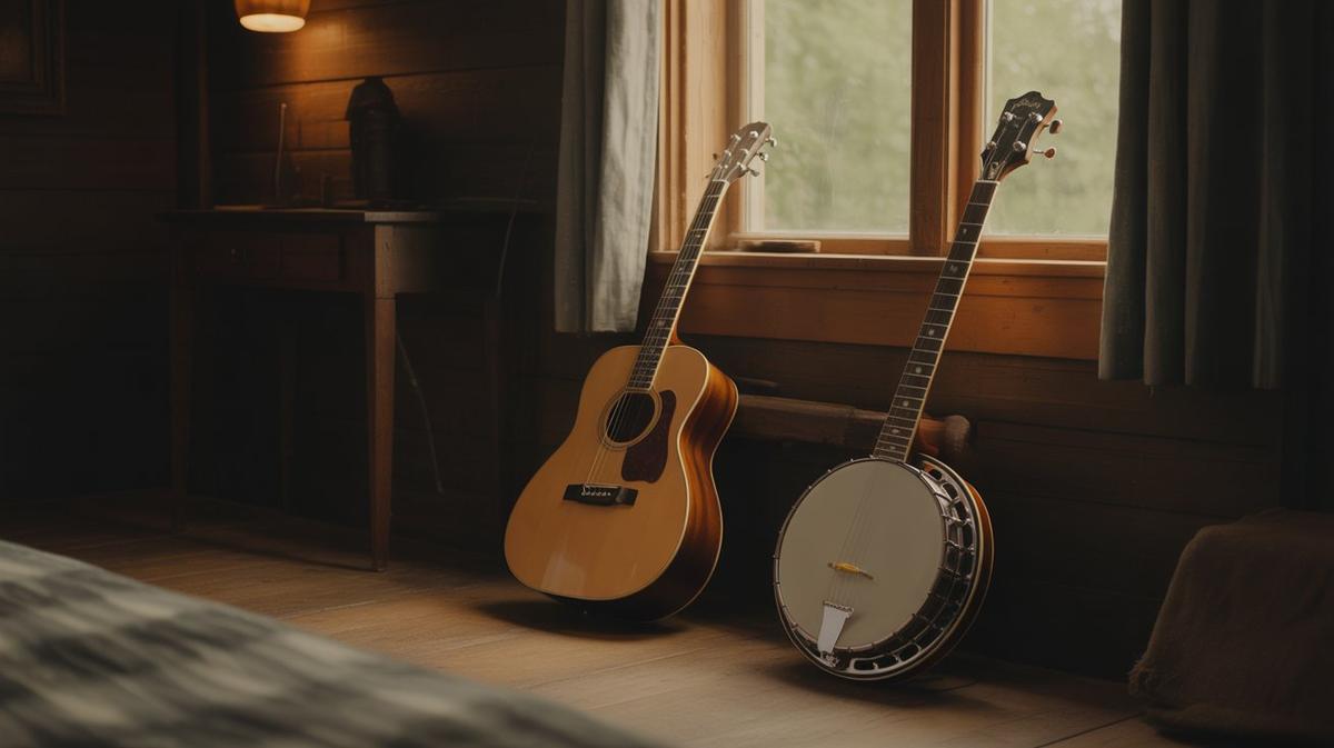 Acoustic guitar and banjo in a warm cabin window