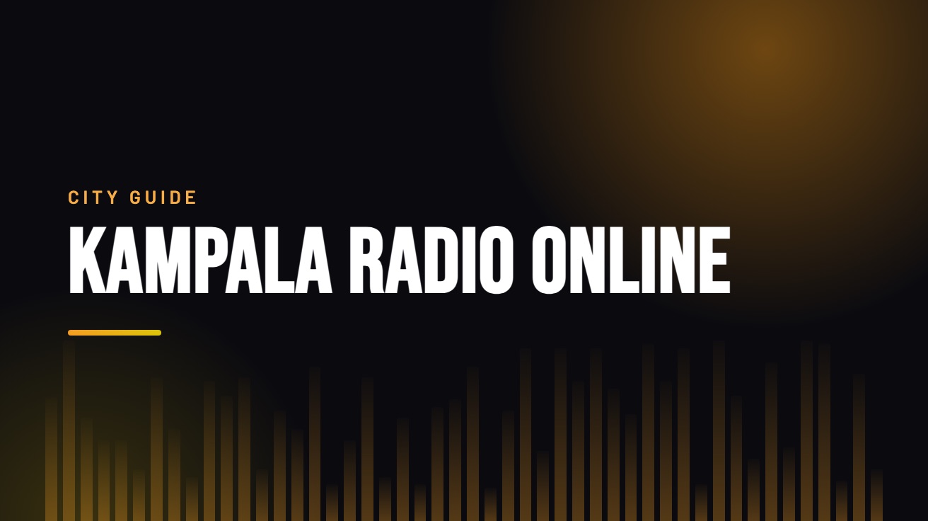 Title card for the guide: Kampala Radio Online, in amber on black with an equaliser motif