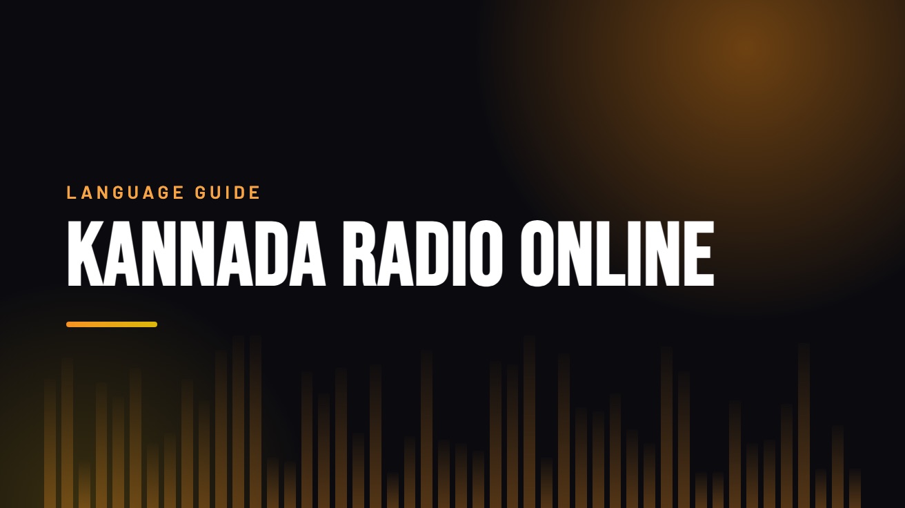 Title card for the guide: Kannada Radio Online, in amber on black with an equaliser motif