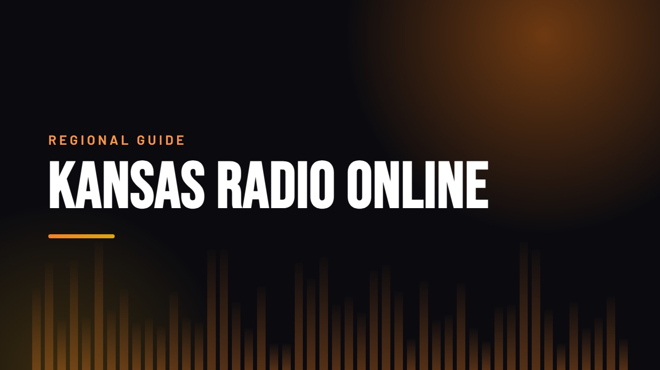 Title card for the guide: Kansas Radio Online, in amber on black with an equaliser motif