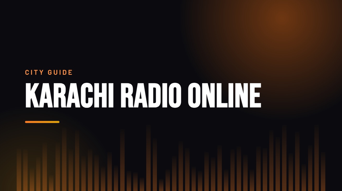 Title card for the guide: Karachi and Sindh Radio Online, in amber on black with an equaliser motif