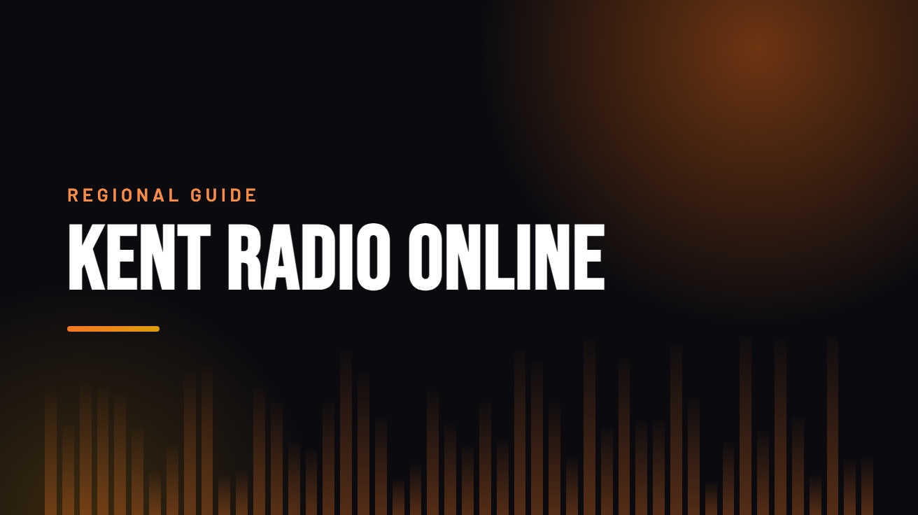 Title card for the guide: Kent Radio Online, in amber on black with an equaliser motif