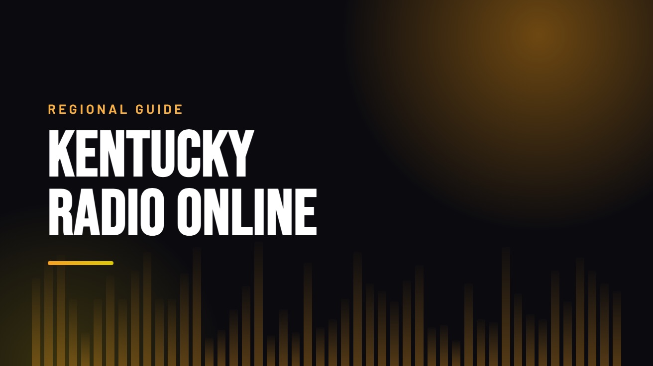 Title card for the guide: Kentucky Radio Online, in amber on black with an equaliser motif