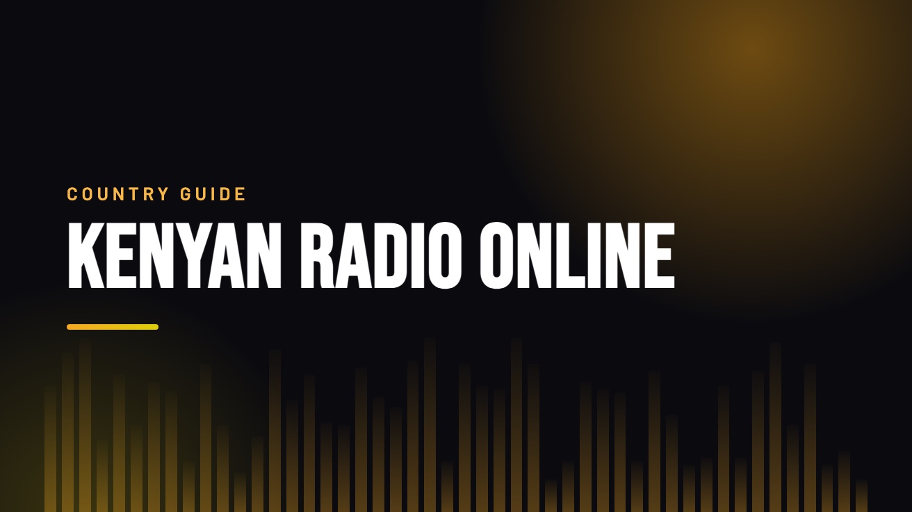 Title card for the guide: Kenyan Radio Online, in amber on black with an equaliser motif