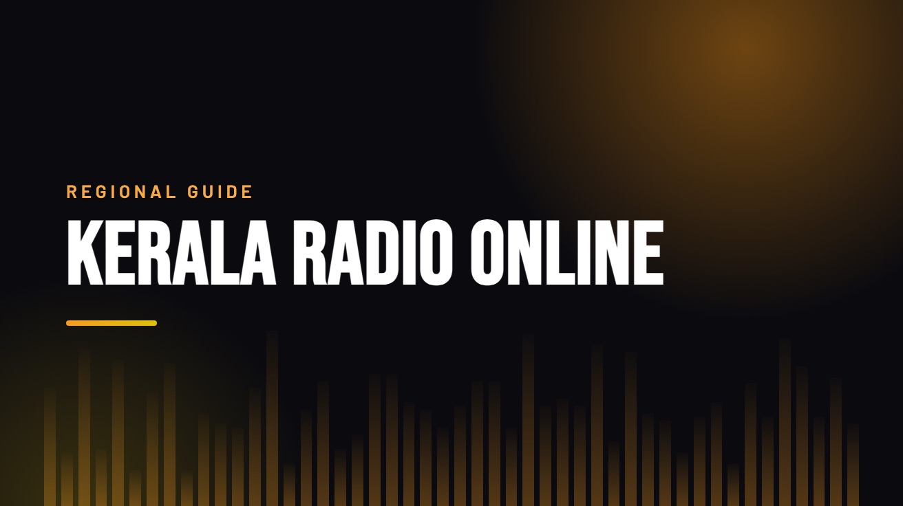 Title card for the guide: Kerala Radio Online, in amber on black with an equaliser motif