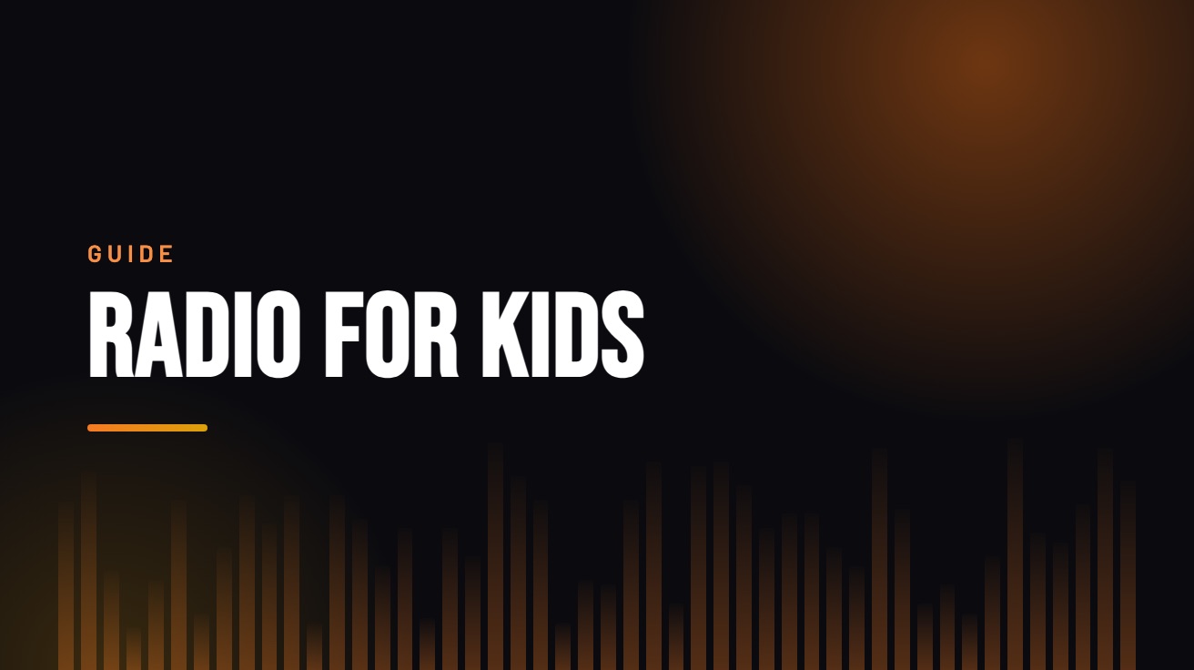 Title card for the guide: Radio for Kids, in amber on black with an equaliser motif