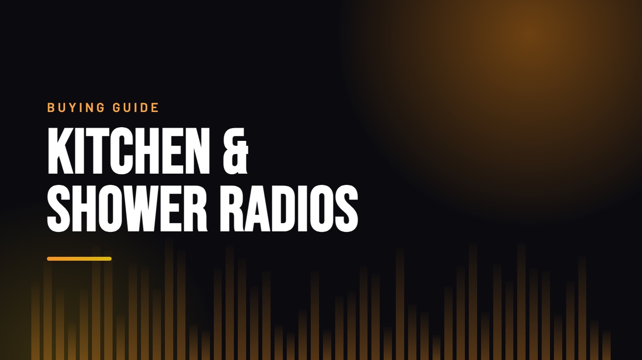 Title card for the guide: Kitchen and Shower Radios, in amber on black with an equaliser motif