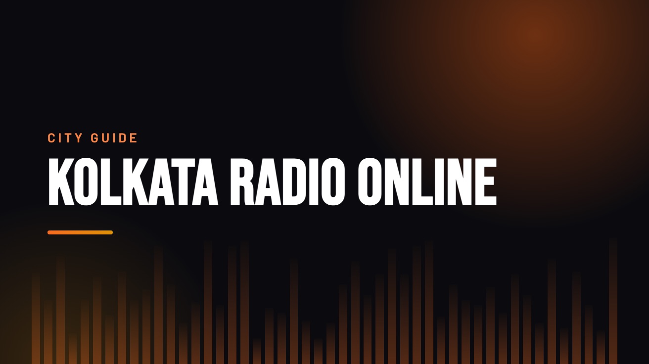 Title card for the guide: Kolkata Radio Online, in amber on black with an equaliser motif