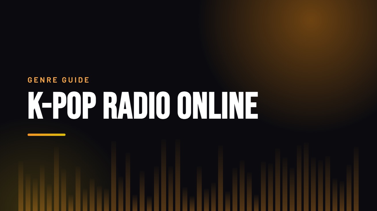 Title card for the guide: K-Pop Radio Online, in amber on black with an equaliser motif