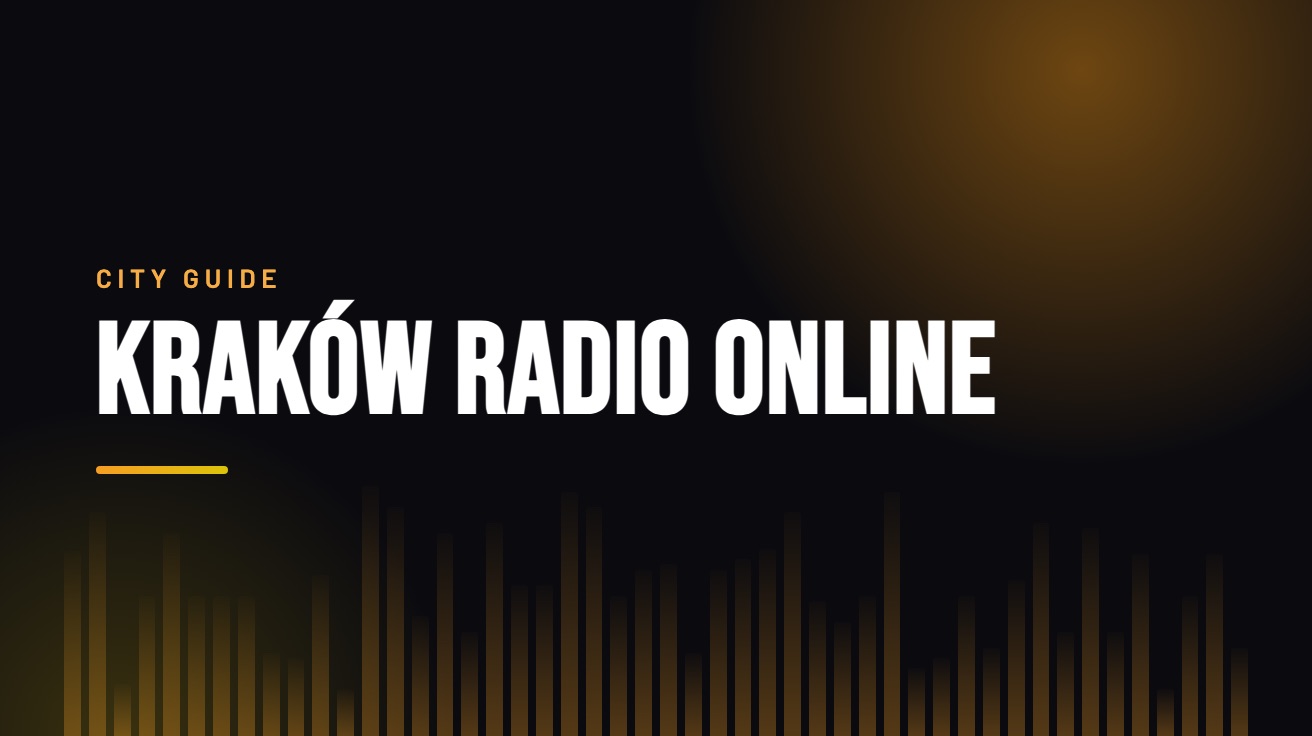 Title card for the guide: Kraków Radio Online, in amber on black with an equaliser motif