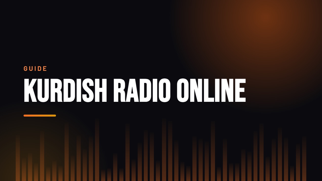 Title card for the guide: Kurdish Radio Online, in amber on black with an equaliser motif