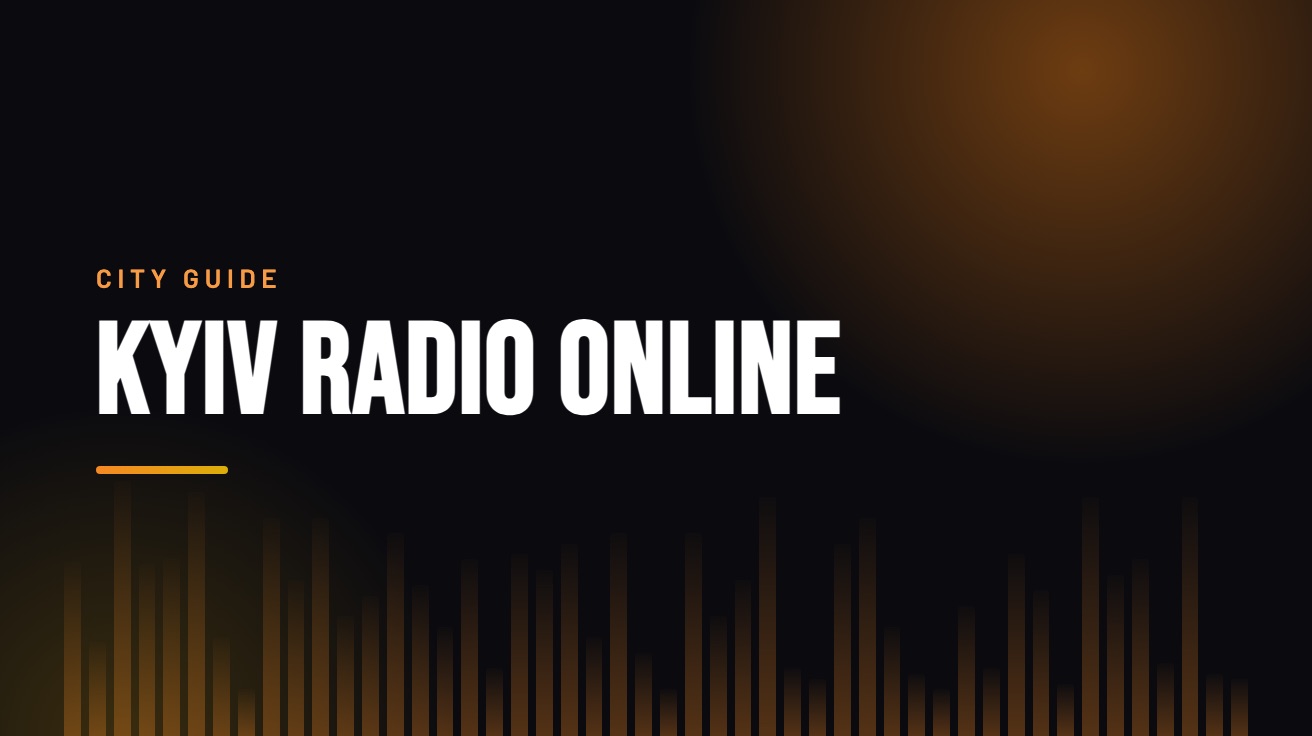 Title card for the guide: Kyiv Radio Online, in amber on black with an equaliser motif