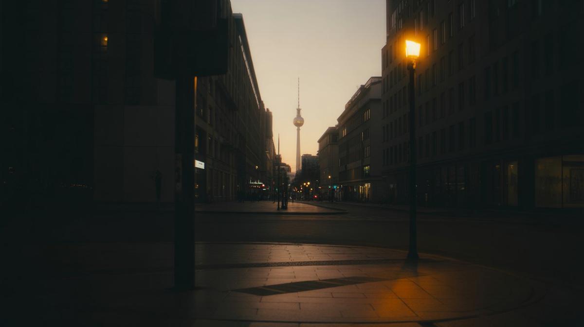 Berlin street at dusk with warm streetlights