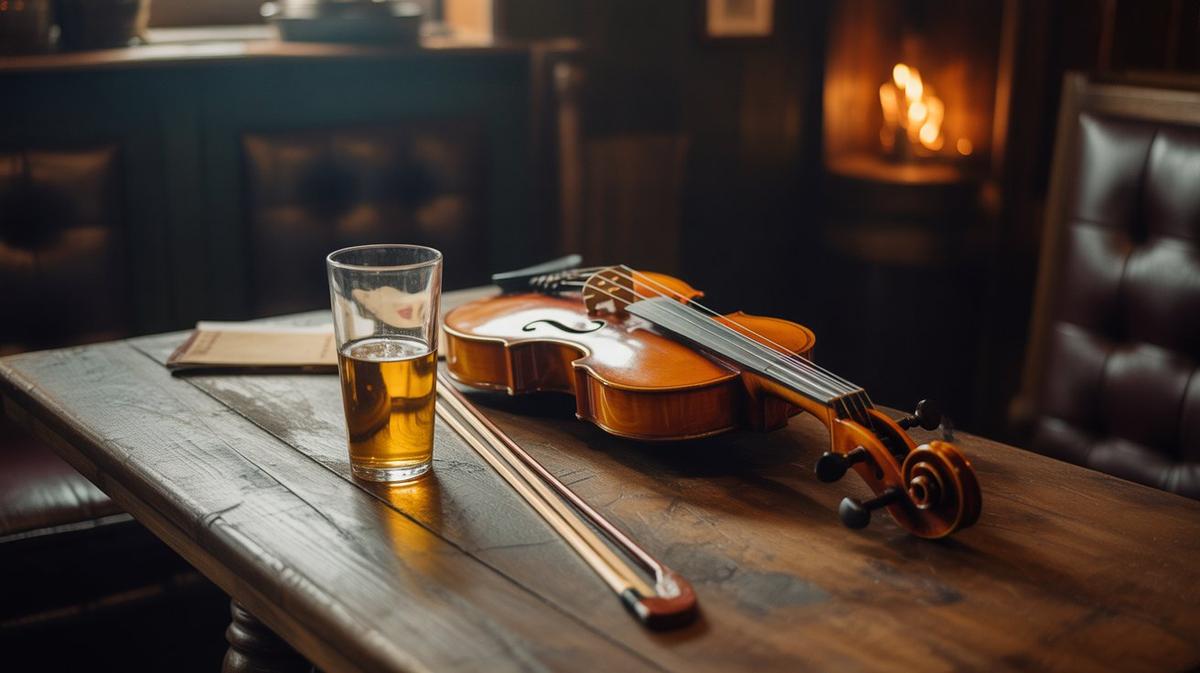 Fiddle and a pint on a warm pub table