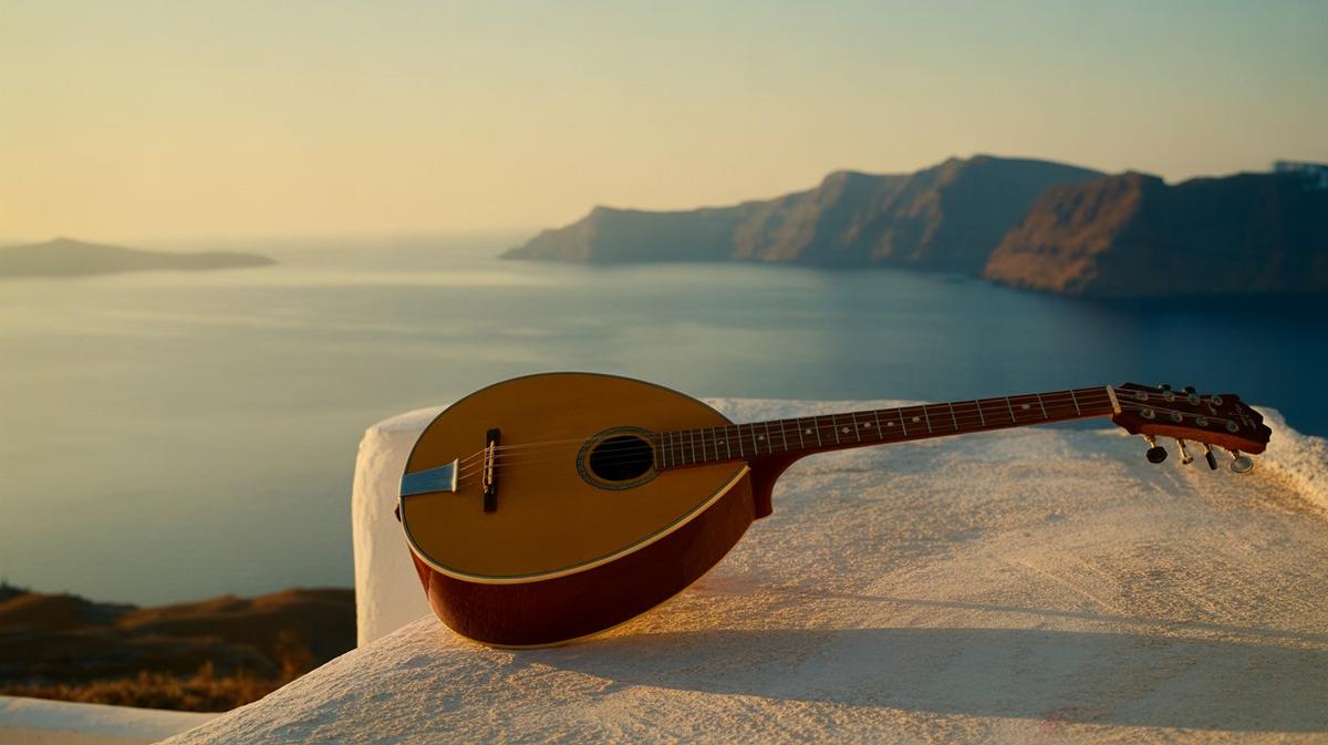 Bouzouki on a whitewashed terrace at sunset
